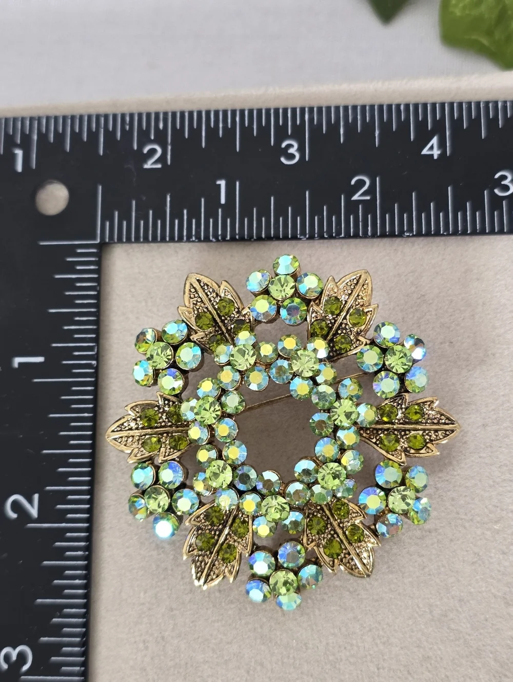 Vintage Gold Tone Lime Green AB Crystal Wreath Brooch Pin Floral Leaf Statement